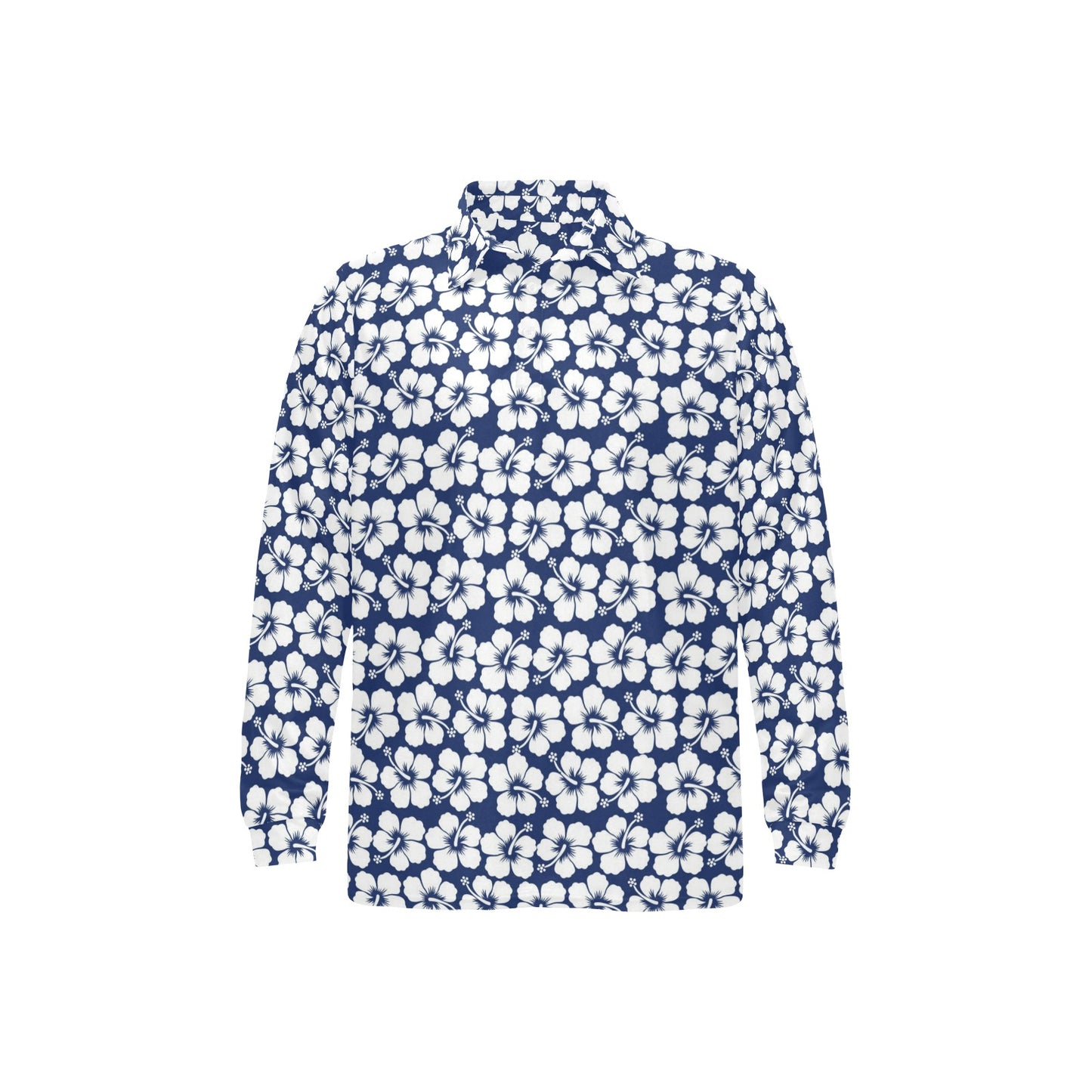 Hibiscus Blue Hawaiian Flower Pattern Long Sleeve Polo Shirt For Men's