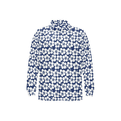 Hibiscus Blue Hawaiian Flower Pattern Long Sleeve Polo Shirt For Men's