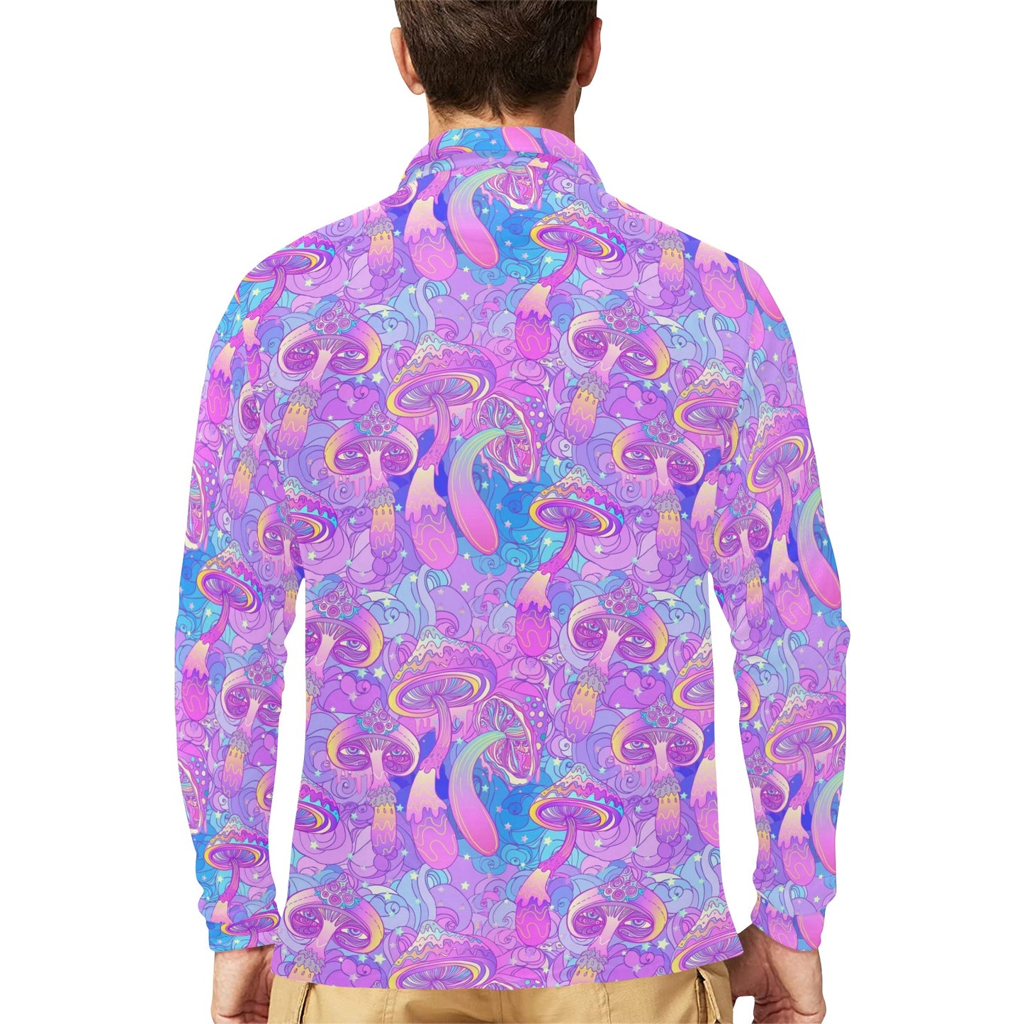 Psychedelic Trippy Mushroom Print Long Sleeve Polo Shirt For Men's