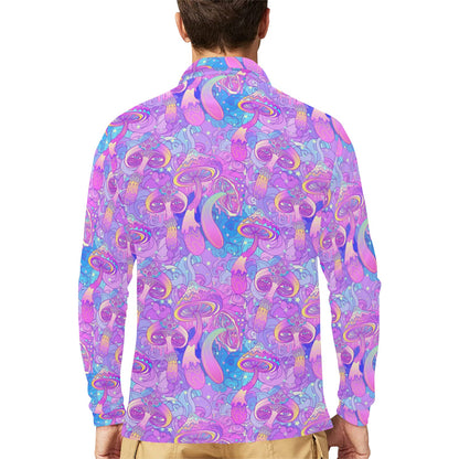 Psychedelic Trippy Mushroom Print Long Sleeve Polo Shirt For Men's