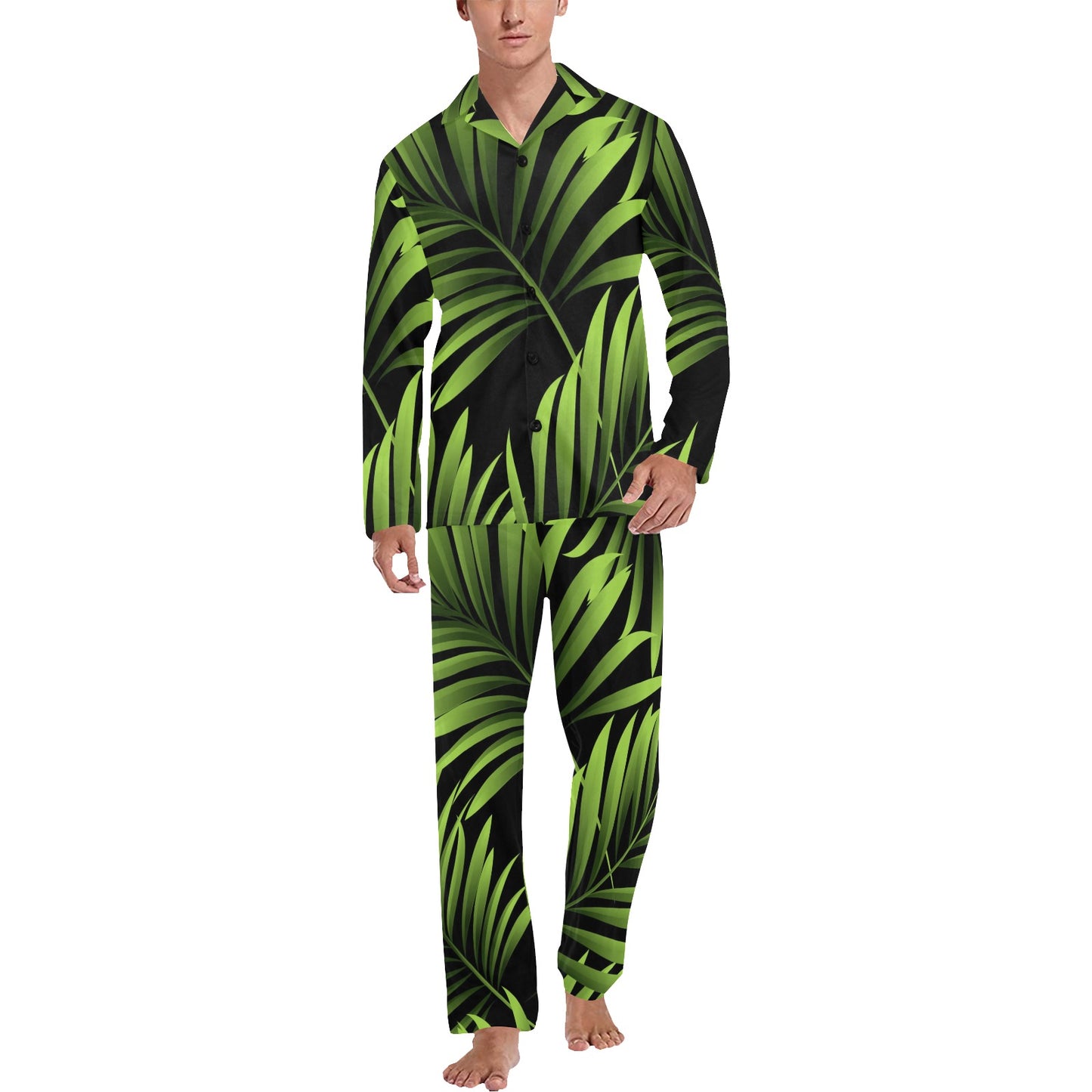 Green Neon Tropical Palm Leaves Men's Long Pajama Set