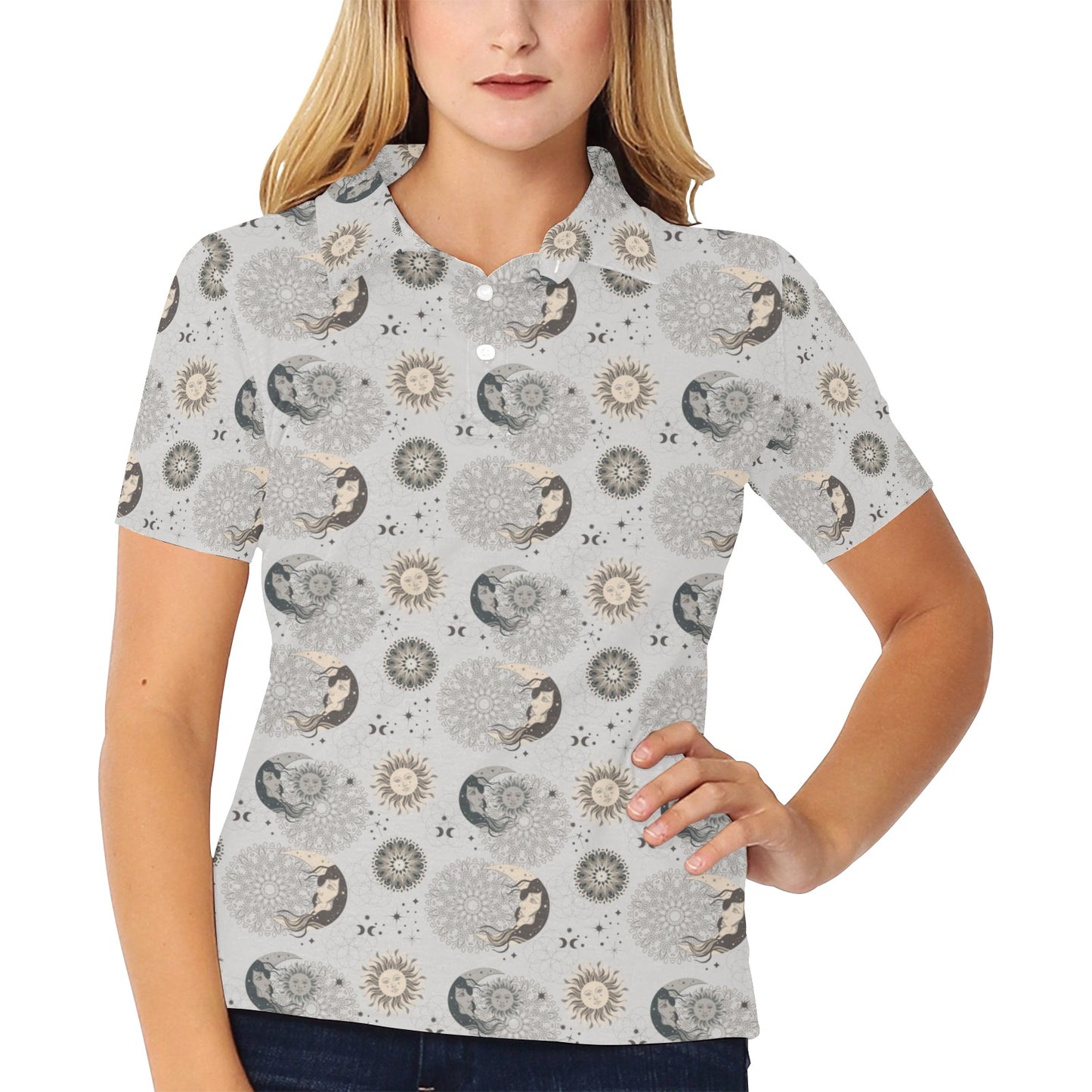 Sun Moon Print Design LKS302 Women's Polo Shirt