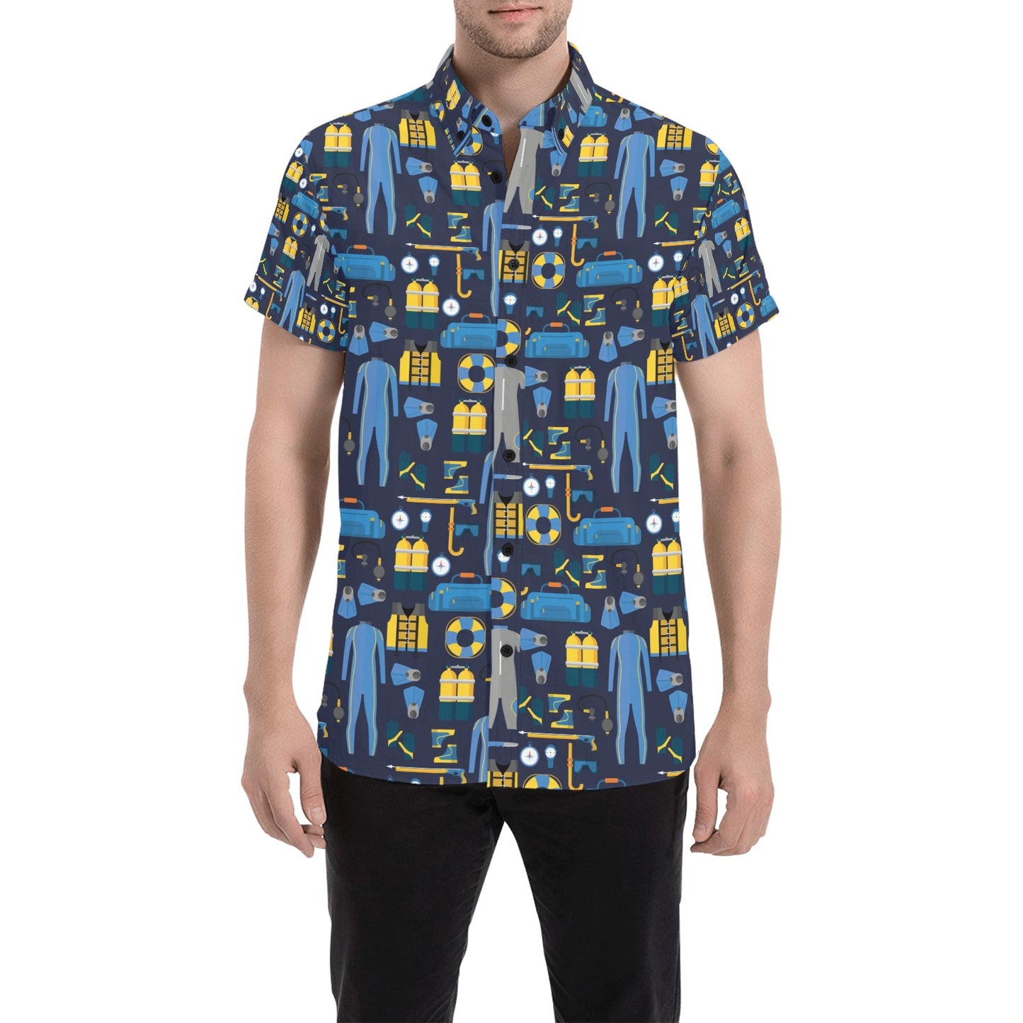 Scuba Equipment Print Design LKS305 Men Short Sleeve Button Up Shirt
