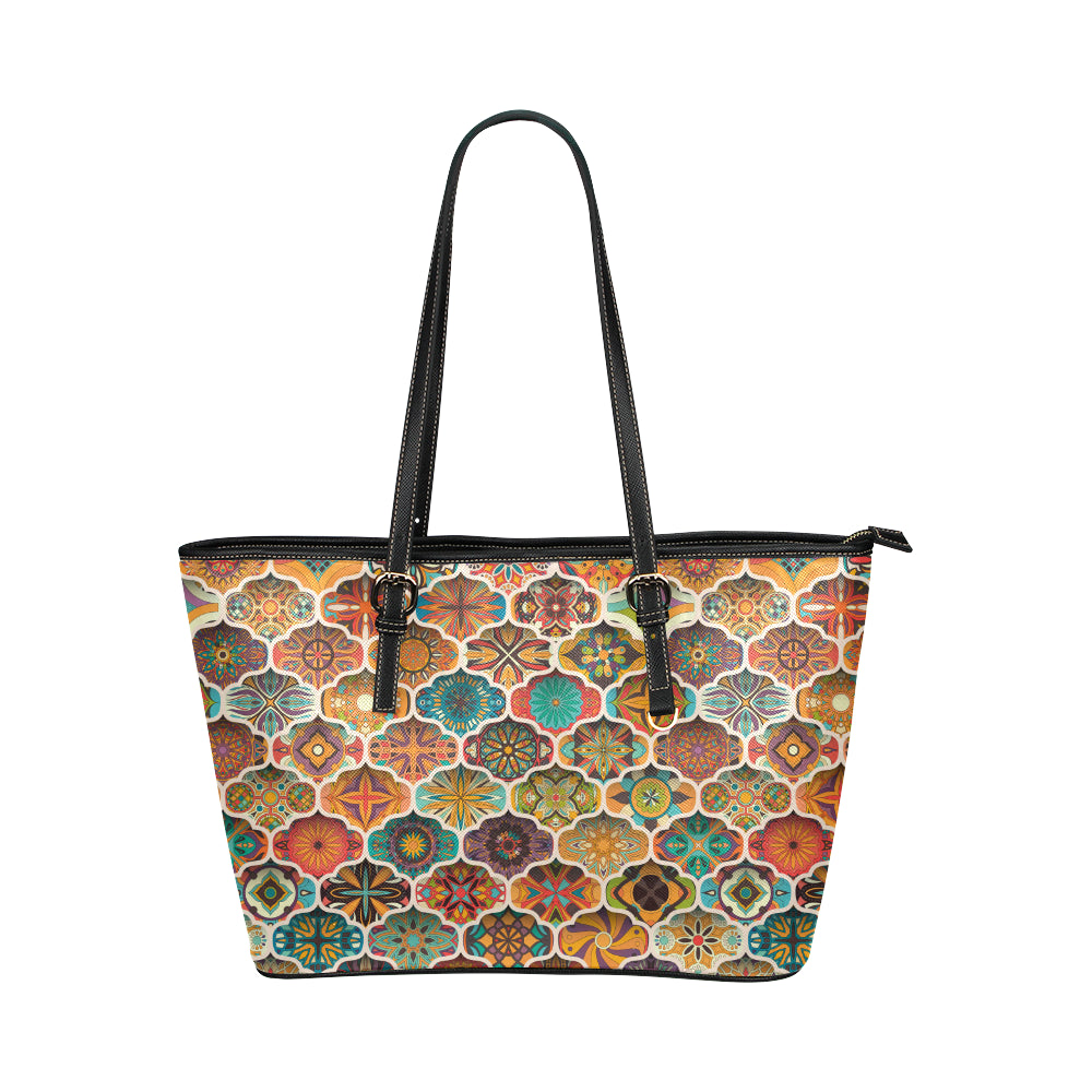 Mandala Mosaic Themed Design Print Leather Tote Bag