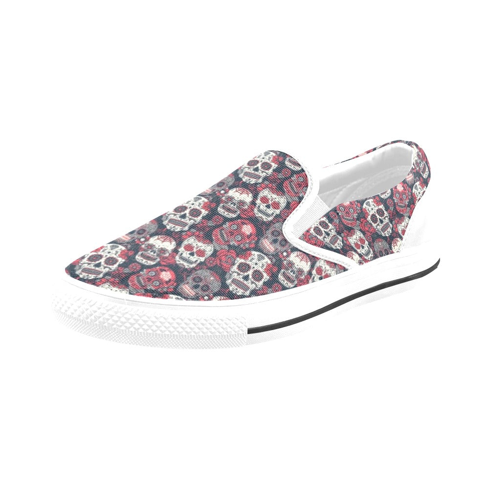 Sugar Skull Print Design LKS303 White Slip Ons Canvas Women's Shoes