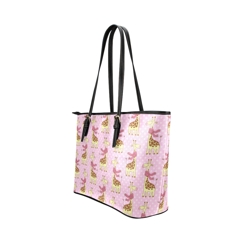 Giraffe Cute Pink Polka Dot Print Leather Tote Bag