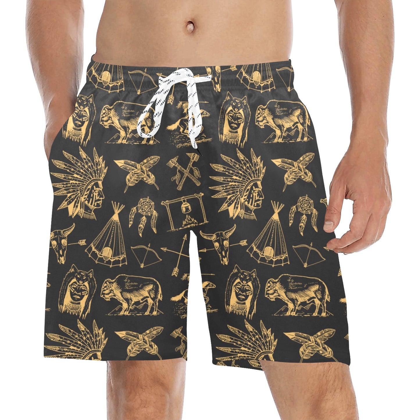 American indian Gold Style Men's Swim Trunks Beach Shorts