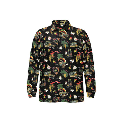 Hawaiian Island Themed Print Long Sleeve Polo Shirt For Men's