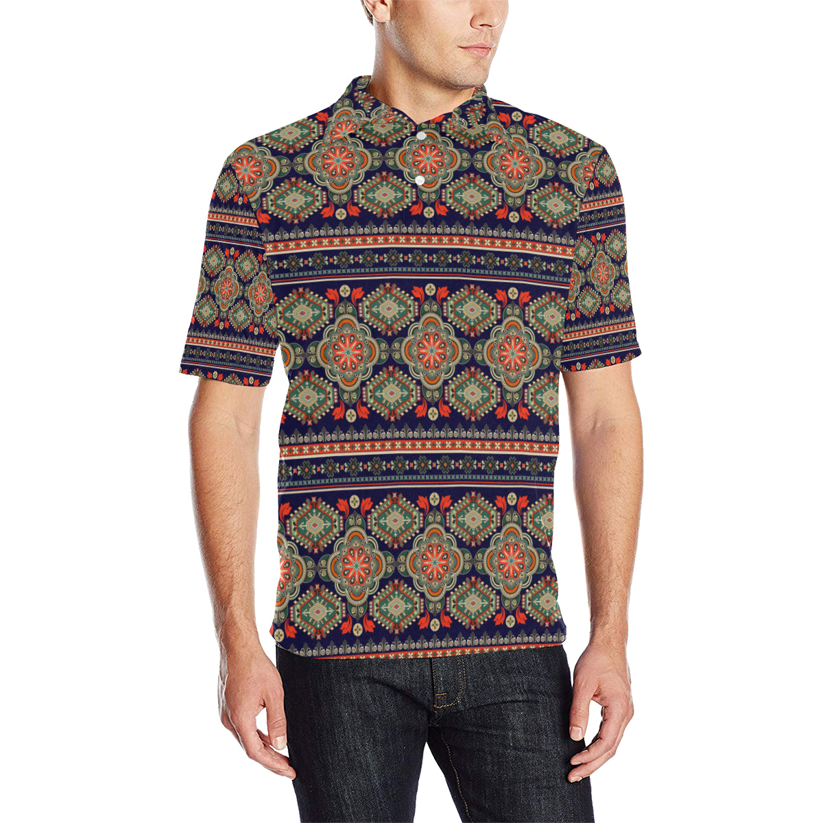 Ethnic Geometric Print Pattern Men Polo Shirt