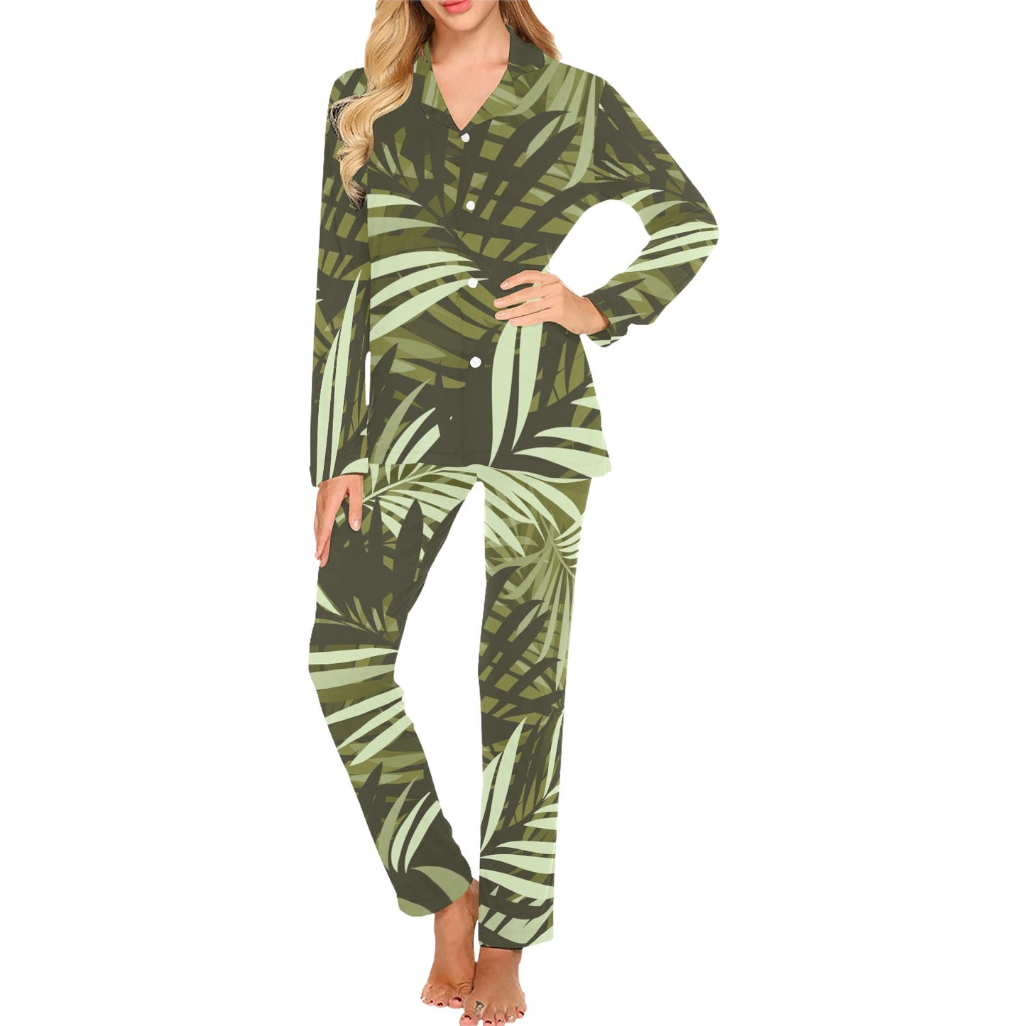 Palm Leaves Pattern Print Design PL05 Women's Long Pajama Set