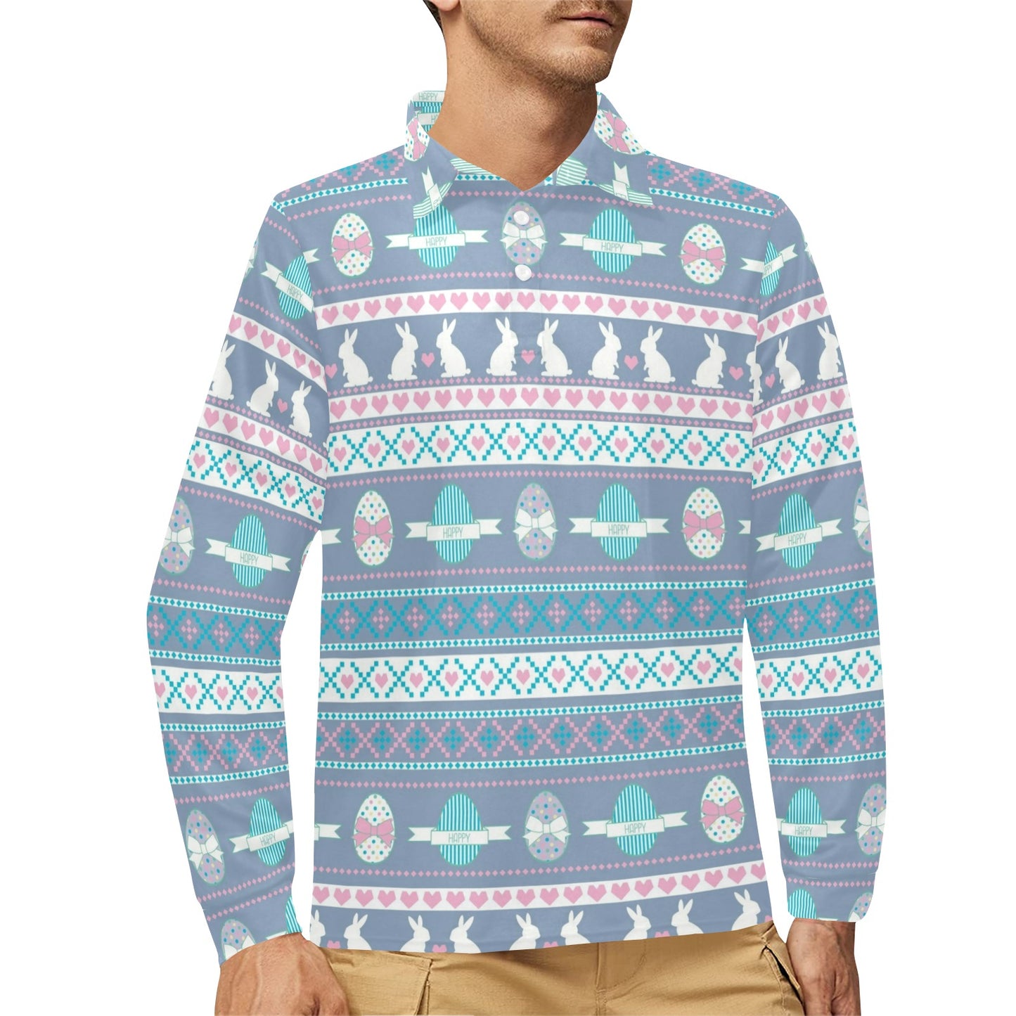 Easter Eggs Pattern Print Design RB013 Long Sleeve Polo Shirt For Men's
