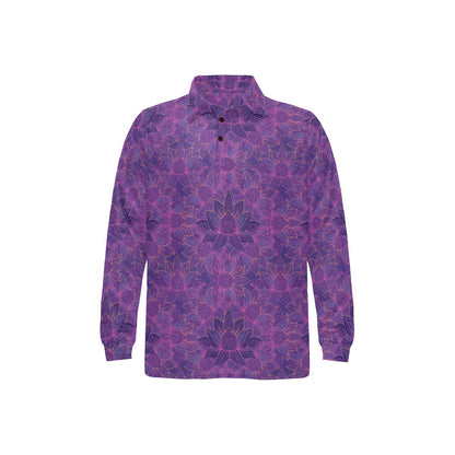 Bohemian Lotus Mandala Style Long Sleeve Polo Shirt For Men's