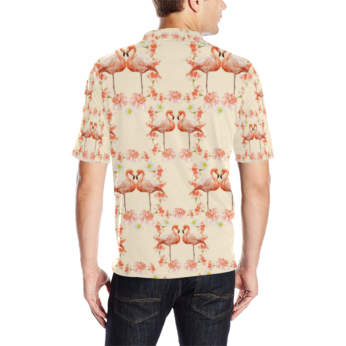 Flamingo Hibiscus Print Pattern Men Polo Shirt