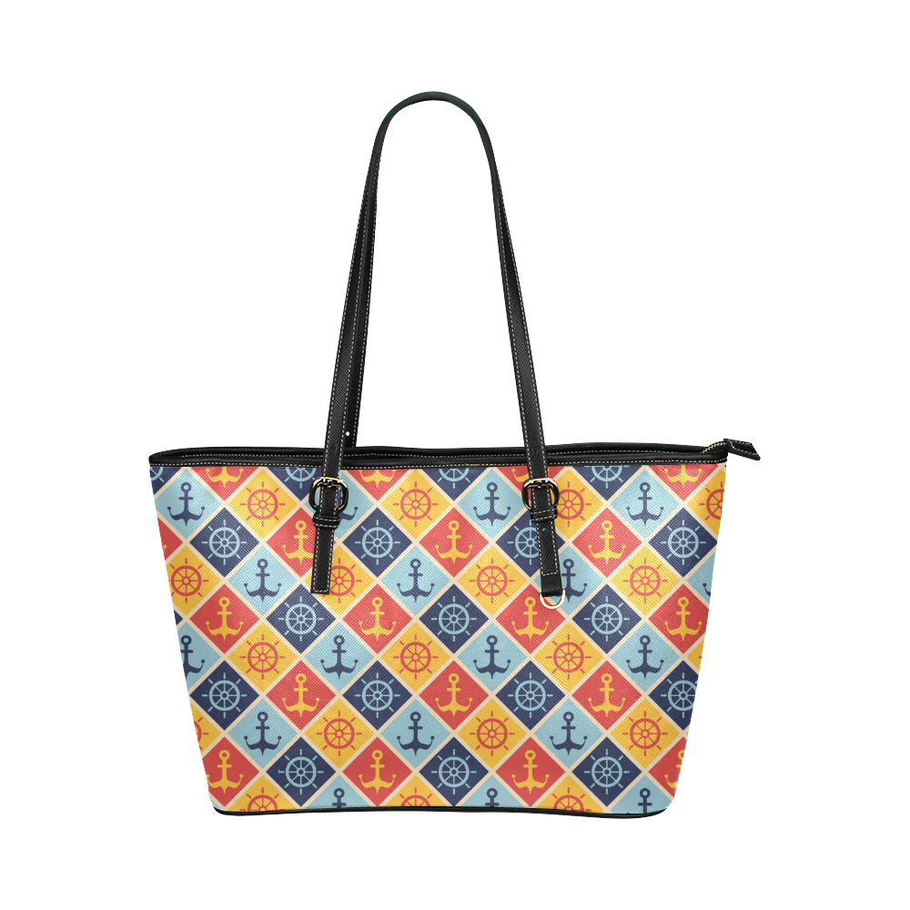 Nautical Pattern Design Themed Print Leather Tote Bag