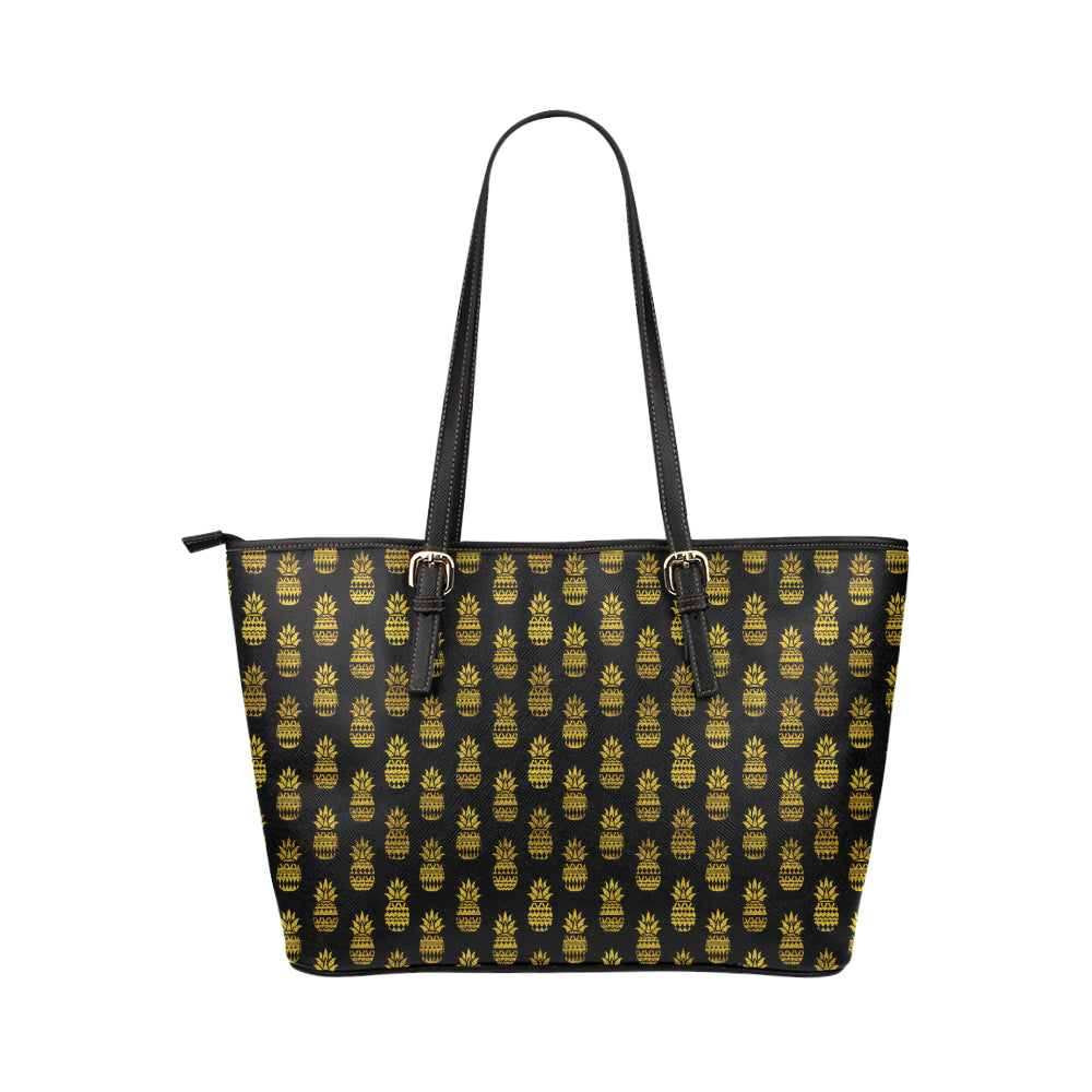 Pineapple Gold Tribal Style Print Leather Tote Bag