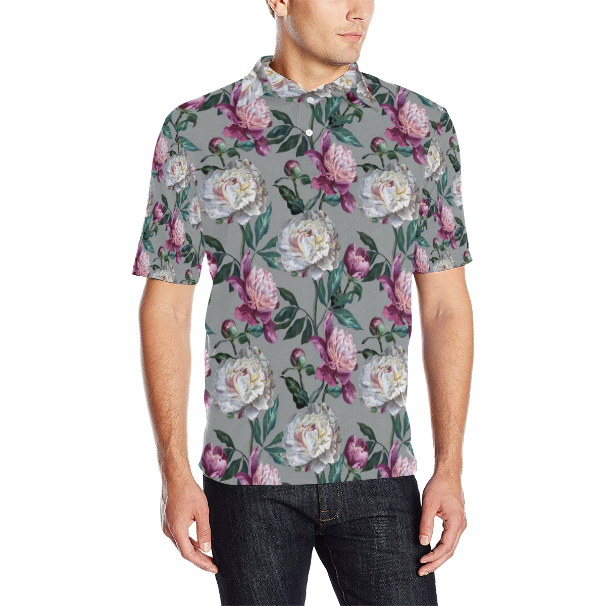 Peony Pattern Print Design PE01 Men Polo Shirt