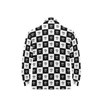 Checkered Flag Crown Pattern Long Sleeve Polo Shirt For Men's