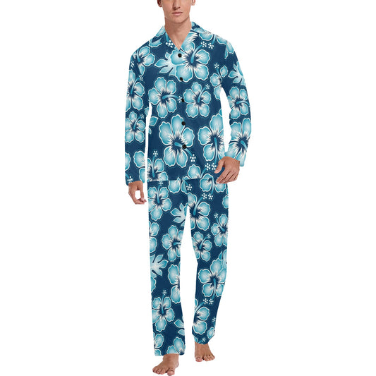 Blue Hibiscus Pattern Print Design HB011 Men's Long Pajama Set