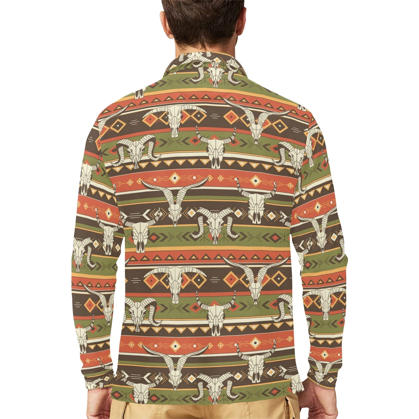 American indian Skull Animal Long Sleeve Polo Shirt For Men's