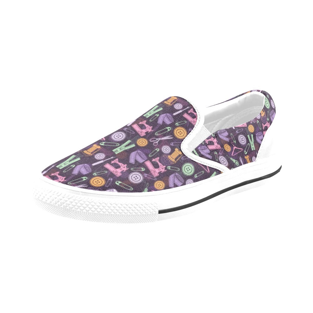 Sewing Equipment Print Design LKS306 White Slip Ons Canvas Women's Shoes