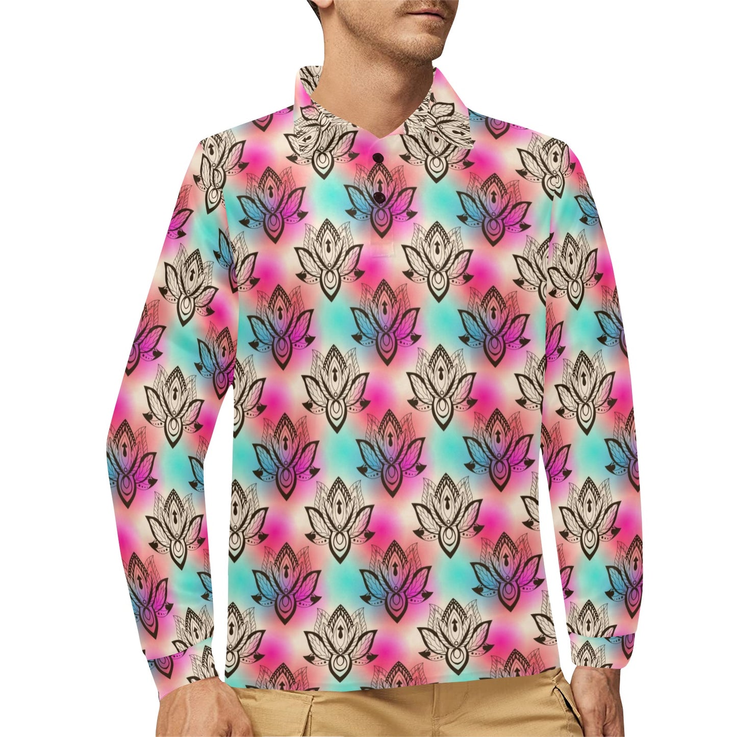 lotus Boho Pattern Print Design LO02 Long Sleeve Polo Shirt For Men's