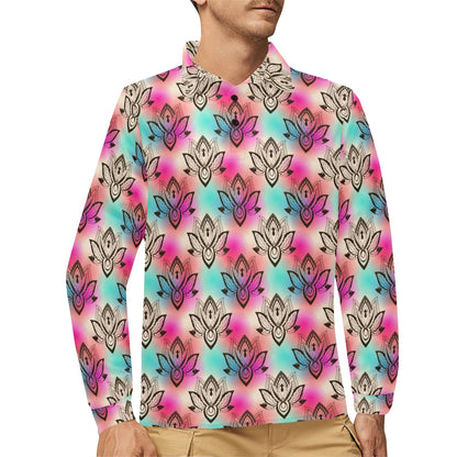 lotus Boho Pattern Print Design LO02 Long Sleeve Polo Shirt For Men's