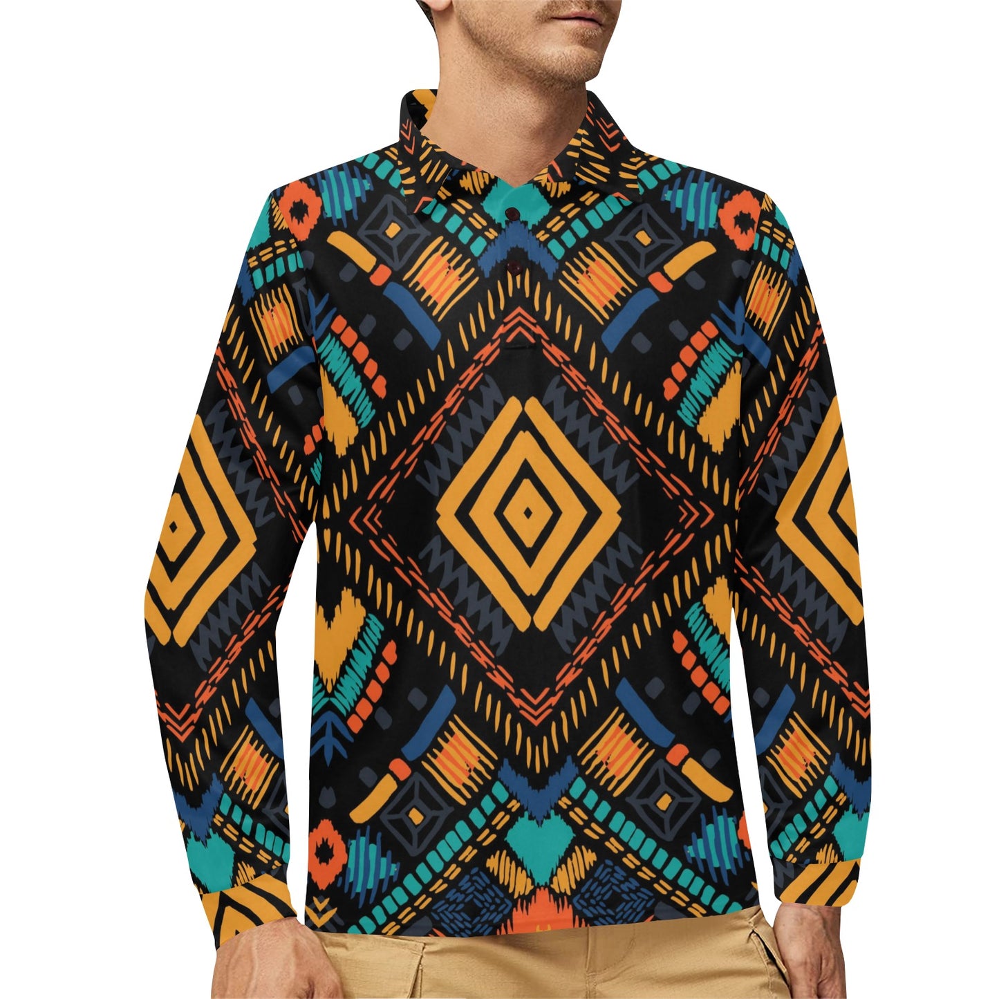 Kente Pattern Print Design 05 Long Sleeve Polo Shirt For Men's