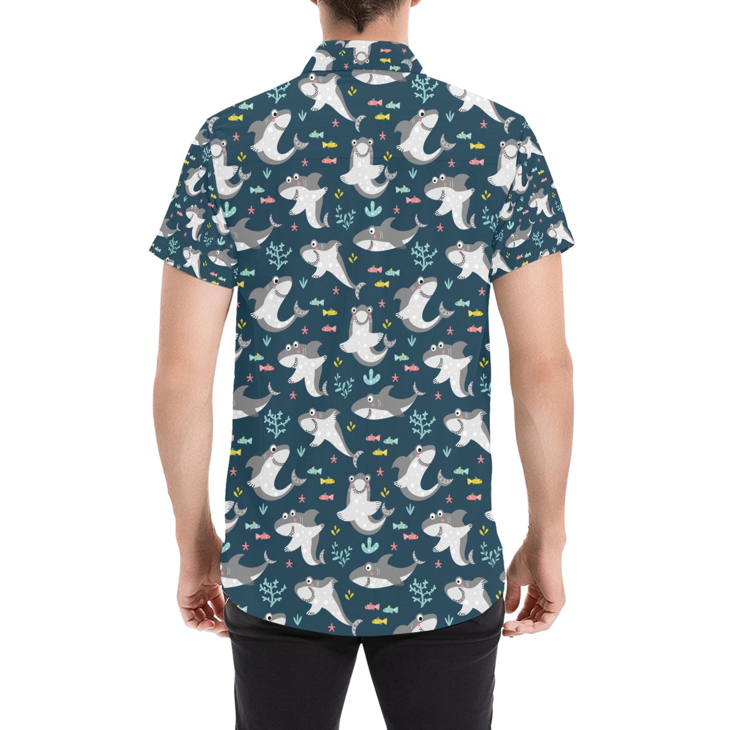 Shark Print Design LKS307 Men Short Sleeve Button Up Shirt