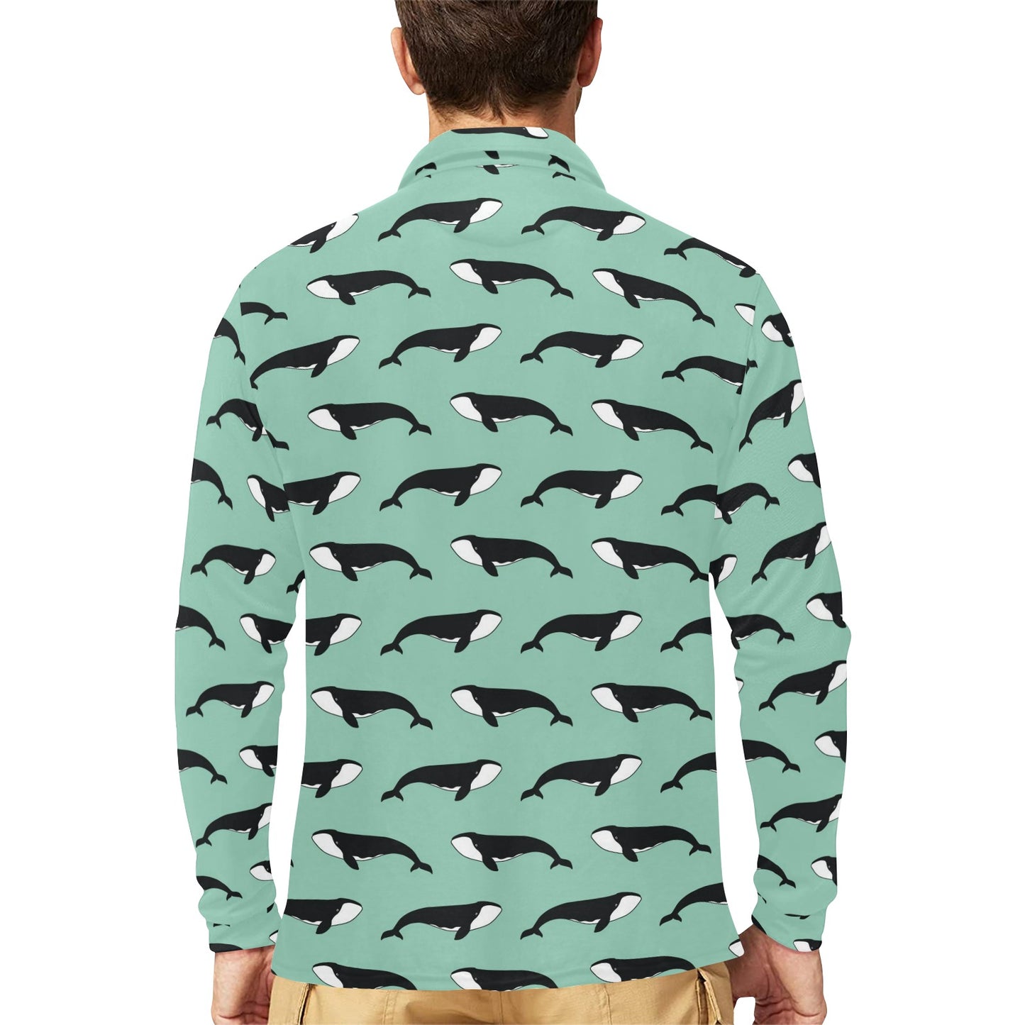 Whale Print Design LKS307 Long Sleeve Polo Shirt For Men's