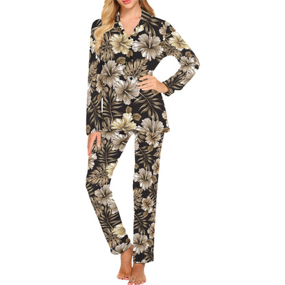 Brown Hibiscus Tropical Women's Long Pajama Set