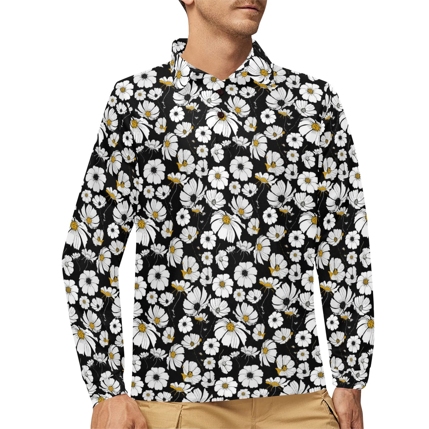 Daisy Pattern Print Design 02 Long Sleeve Polo Shirt For Men's