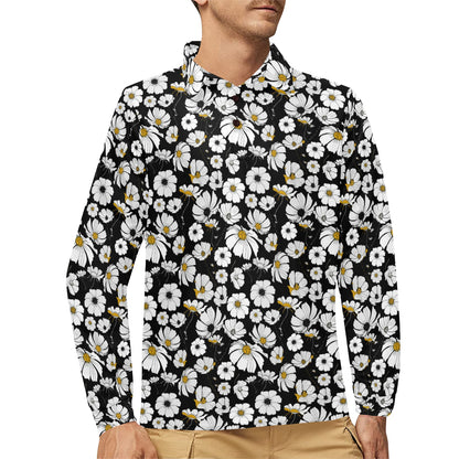 Daisy Pattern Print Design 02 Long Sleeve Polo Shirt For Men's