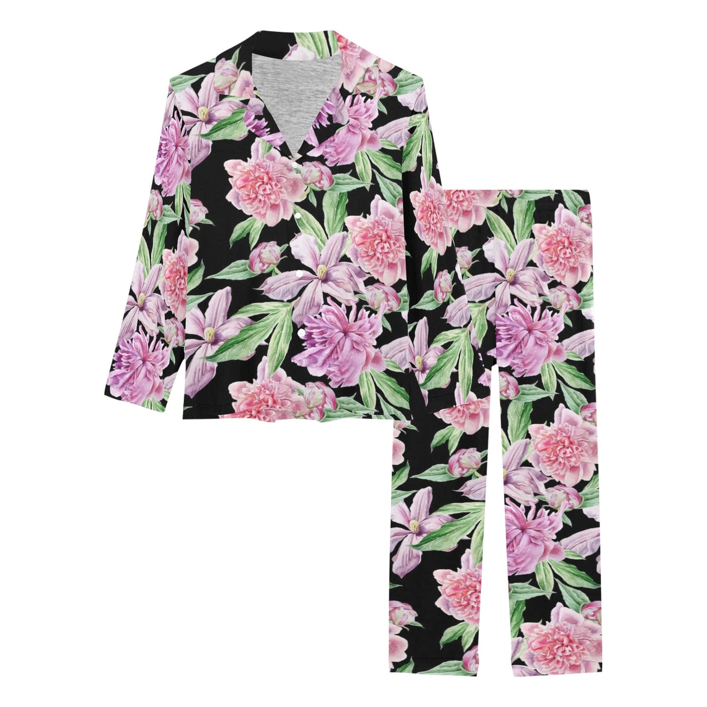 Peony Pattern Print Design PE08 Women's Long Pajama Set