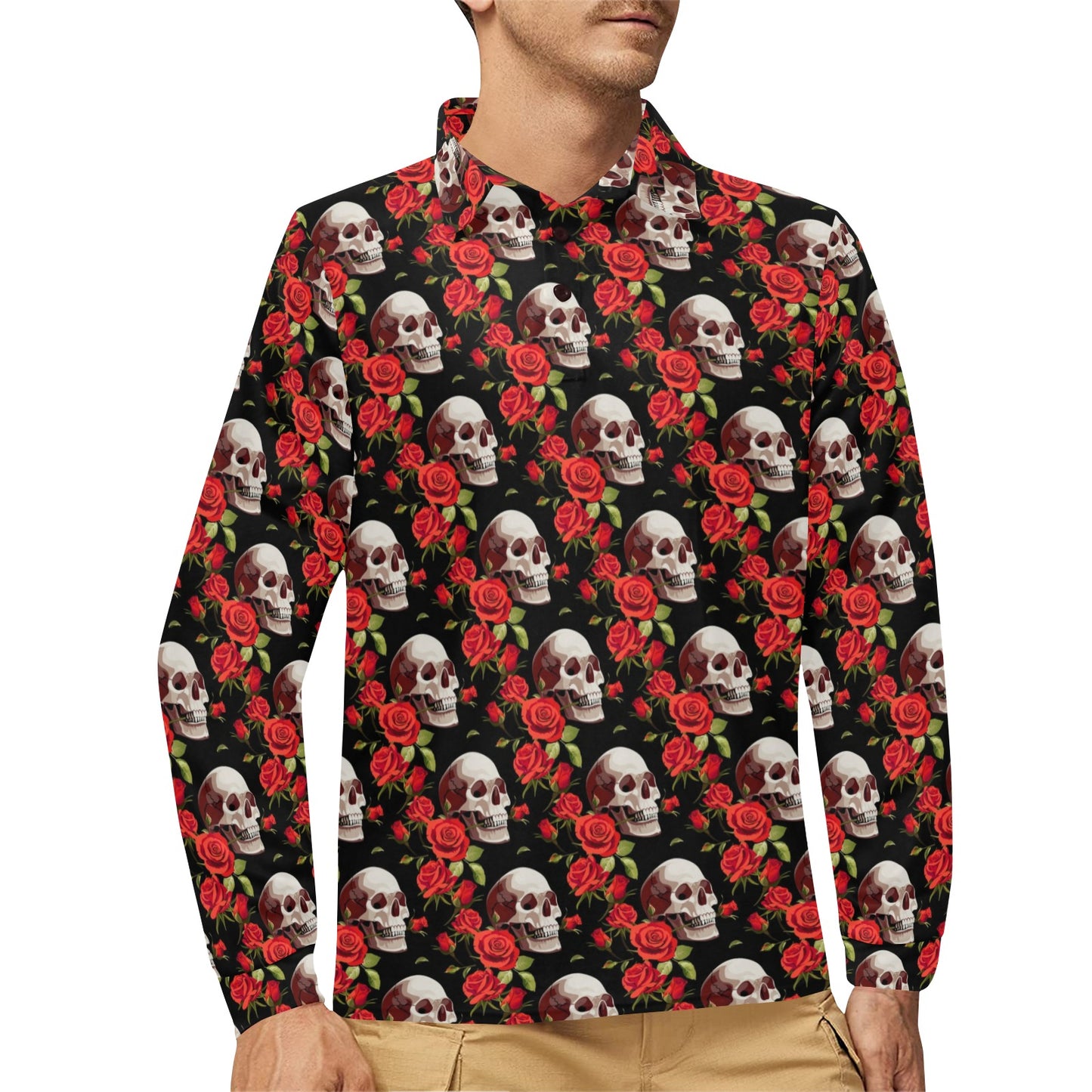 Red Rose Skull Design Print Long Sleeve Polo Shirt For Men's