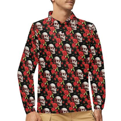 Red Rose Skull Design Print Long Sleeve Polo Shirt For Men's