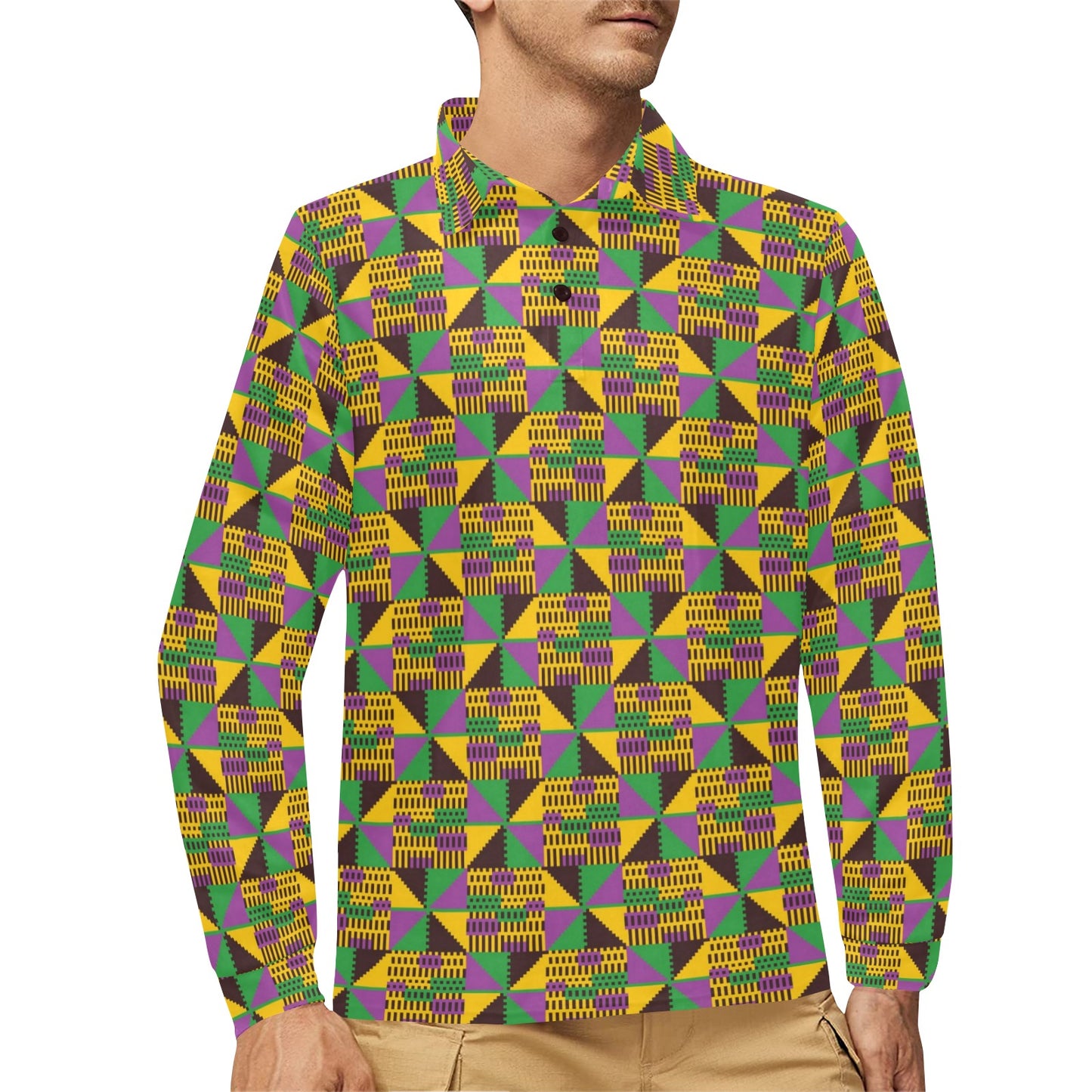Kente Triangle Design African Print Long Sleeve Polo Shirt For Men's