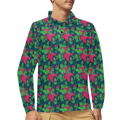 Zombie Themed Design Pattern Print Long Sleeve Polo Shirt For Men's
