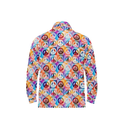 Peace Sign Patchwork Design Print Long Sleeve Polo Shirt For Men's