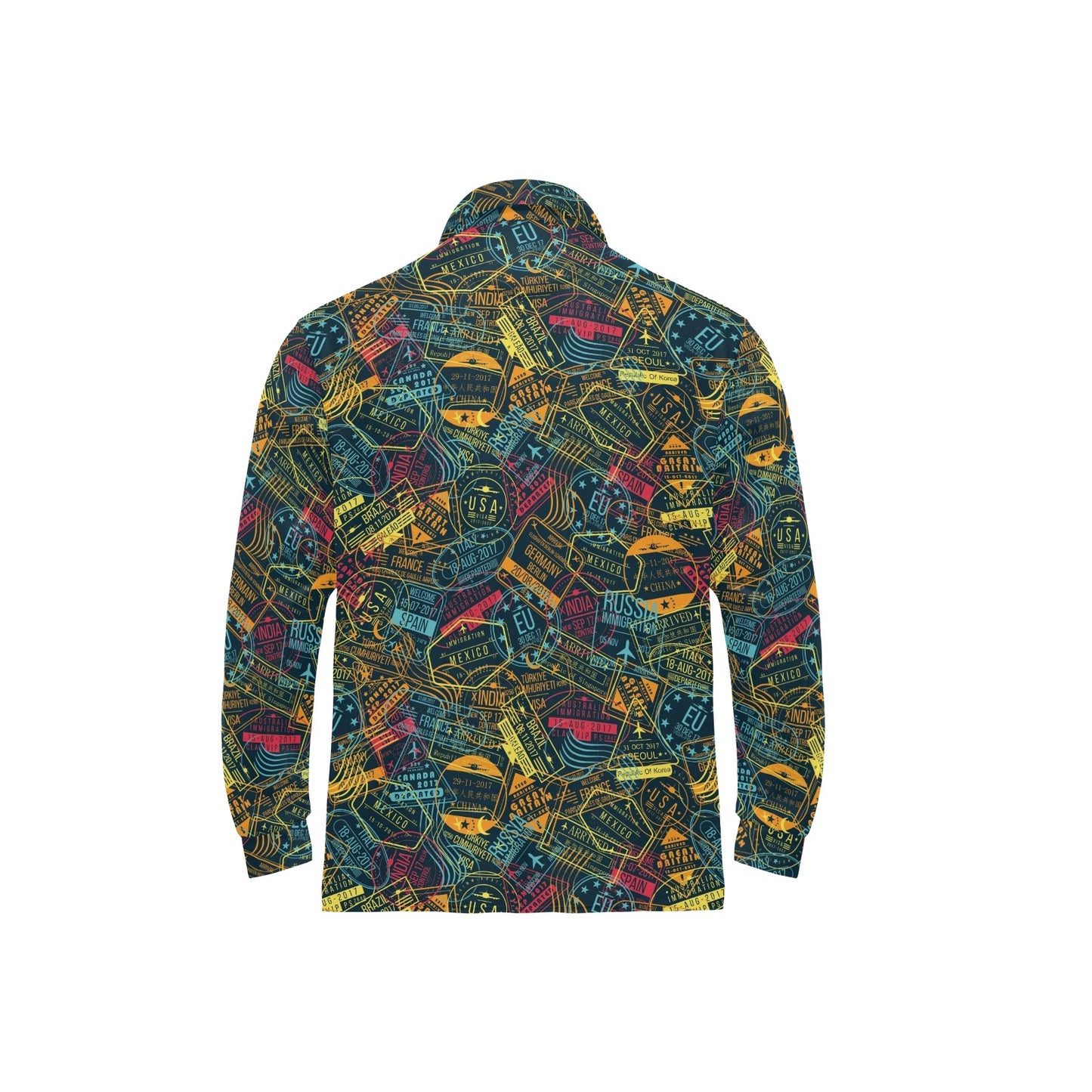 Travel Stamp Colorful Print Design LKS304 Long Sleeve Polo Shirt For Men's