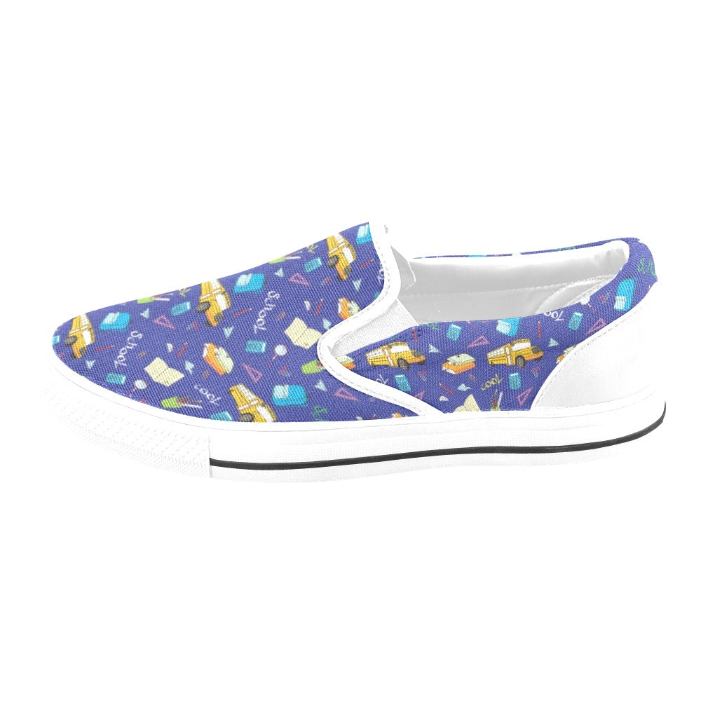 School Bus Print Design LKS307 White Slip Ons Canvas Women's Shoes