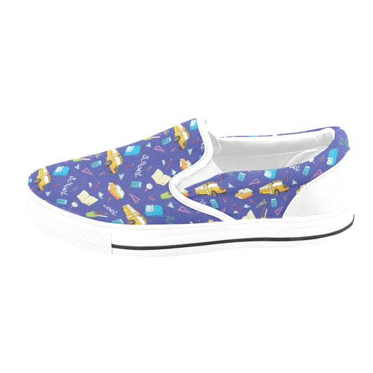 School Bus Print Design LKS307 White Slip Ons Canvas Women's Shoes