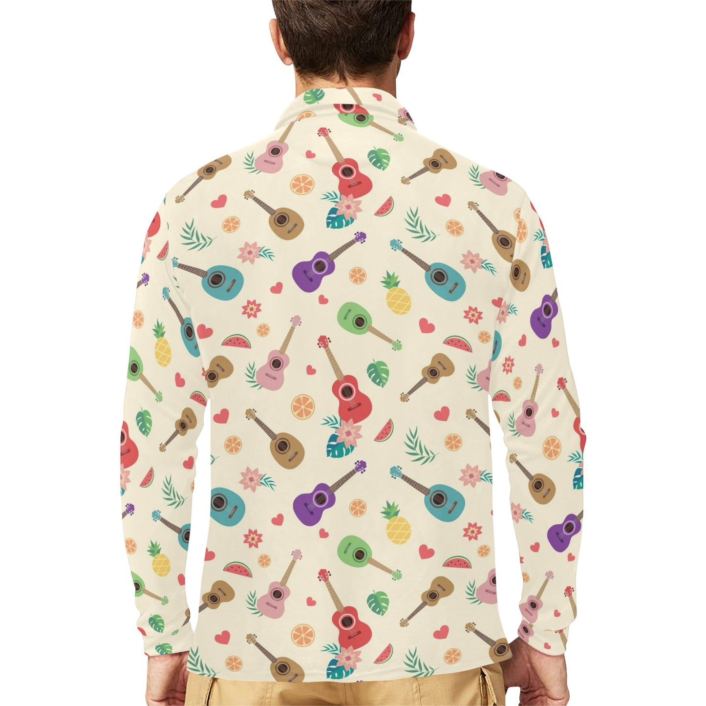 Ukulele Pattern Print Design 01 Long Sleeve Polo Shirt For Men's