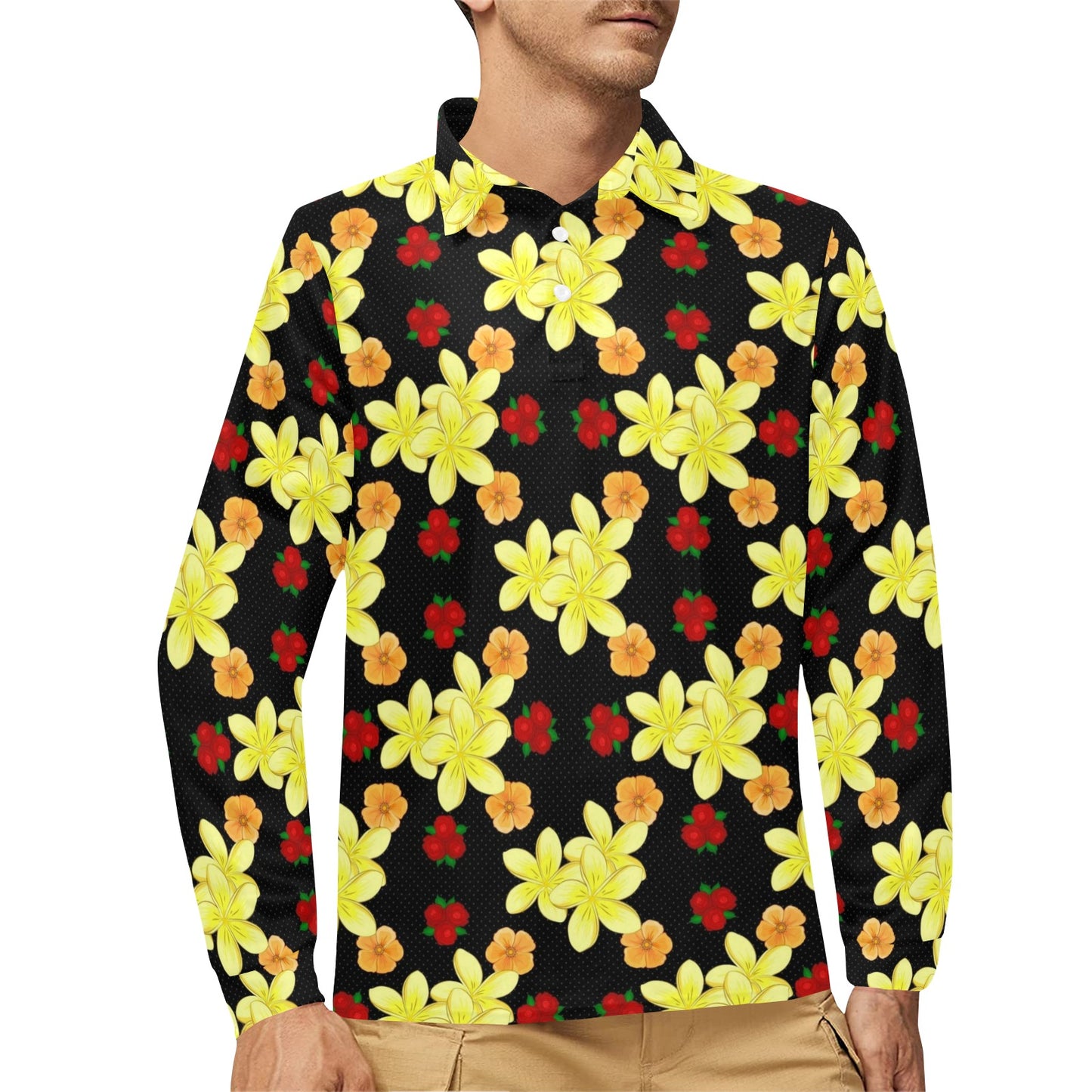 Yellow Plumeria Pattern Print Design PM04 Long Sleeve Polo Shirt For Men's