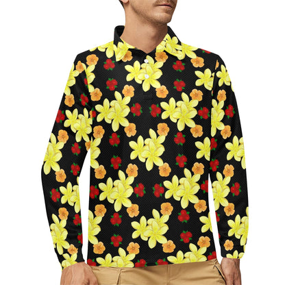 Yellow Plumeria Pattern Print Design PM04 Long Sleeve Polo Shirt For Men's