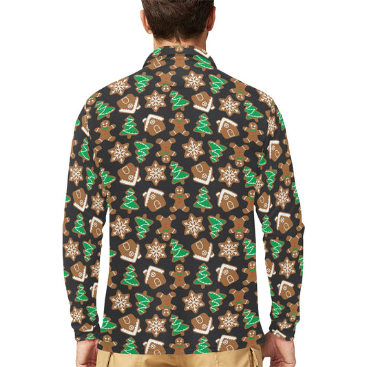 Gingerbread Pattern Print Design 02 Long Sleeve Polo Shirt For Men's