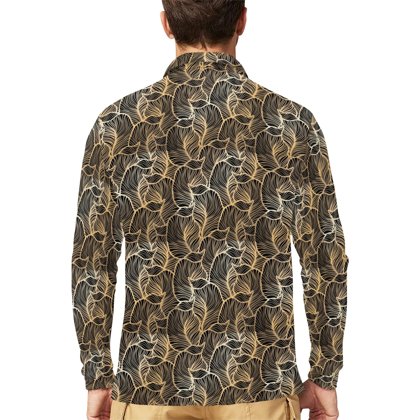 Elegant Gold leaf Print Long Sleeve Polo Shirt For Men's