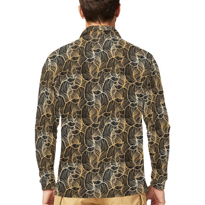 Elegant Gold leaf Print Long Sleeve Polo Shirt For Men's