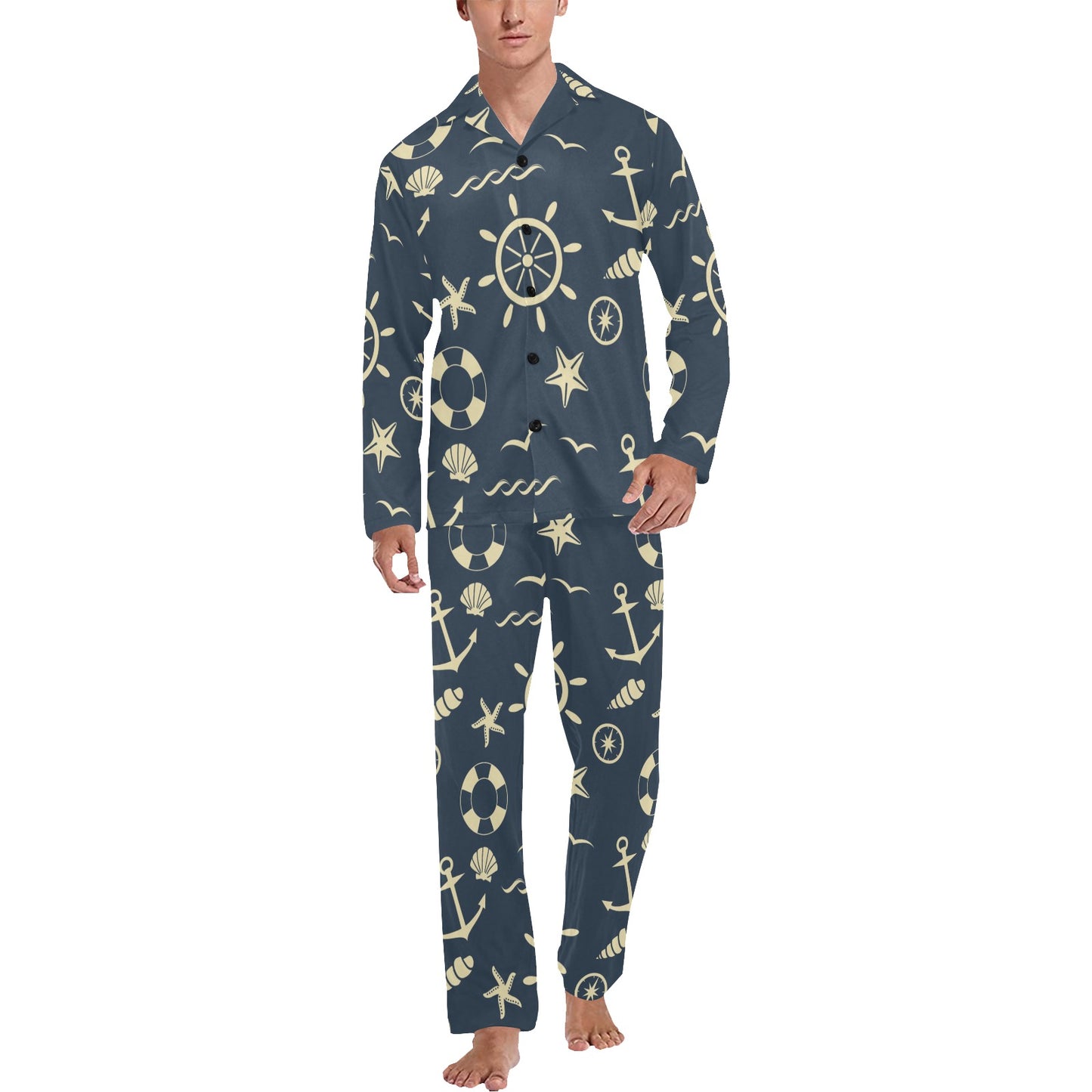 Nautical Pattern Print Design A01 Men's Long Pajama Set
