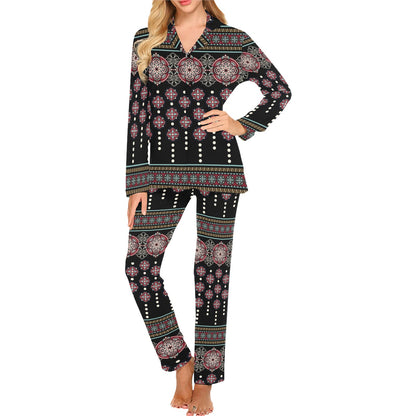 Ethnic Dot Style Print Pattern Women's Long Pajama Set