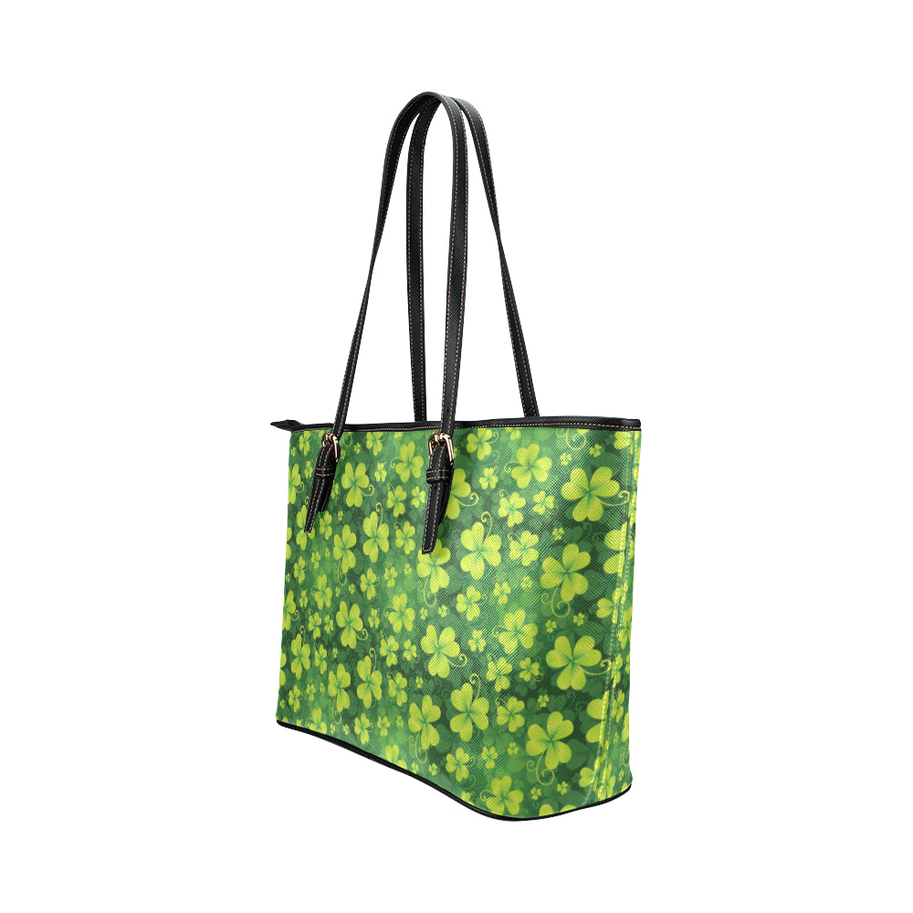 Shamrock Clover Print Leather Tote Bag